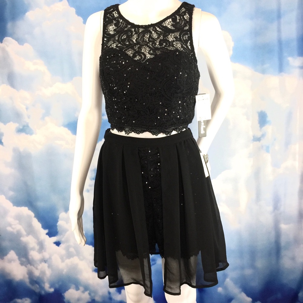 Black Dress Set Illusion Halter Top & Skort Lace